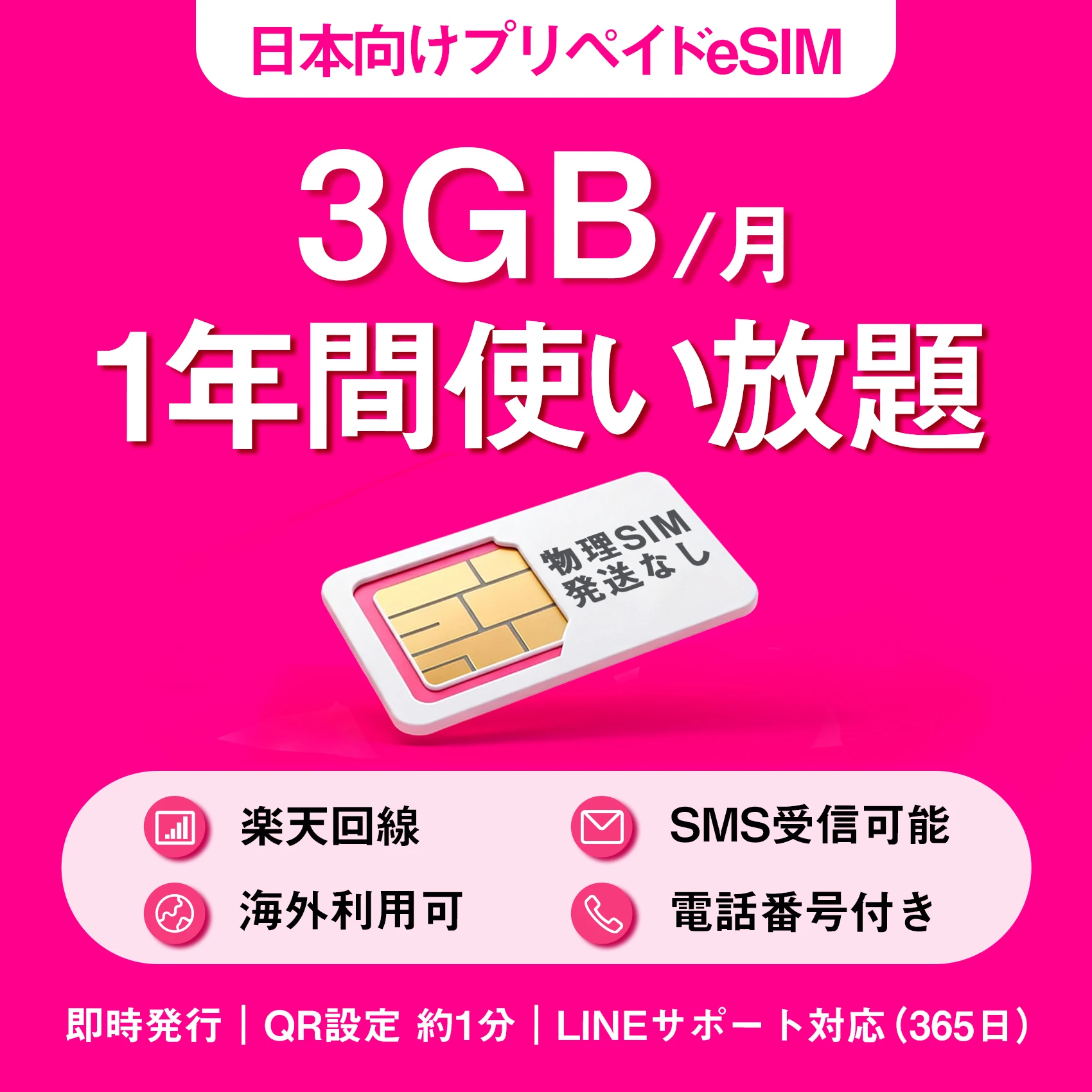 [プリペイドeSIM｜メール納品] プリペイドSIM｜国内/海外 プリペイドSIM｜日本 SMS認証可能/受信OK｜ 楽天回線 3GB/月｜ データ通信専用 ｜最大12ヶ月有効 ｜rakuten Prepaid SIM ｜JAPAN SIM｜ with SMS｜日本手机卡｜(可收短信)/日本電話卡(短信功能) ｜利用期間延長可能