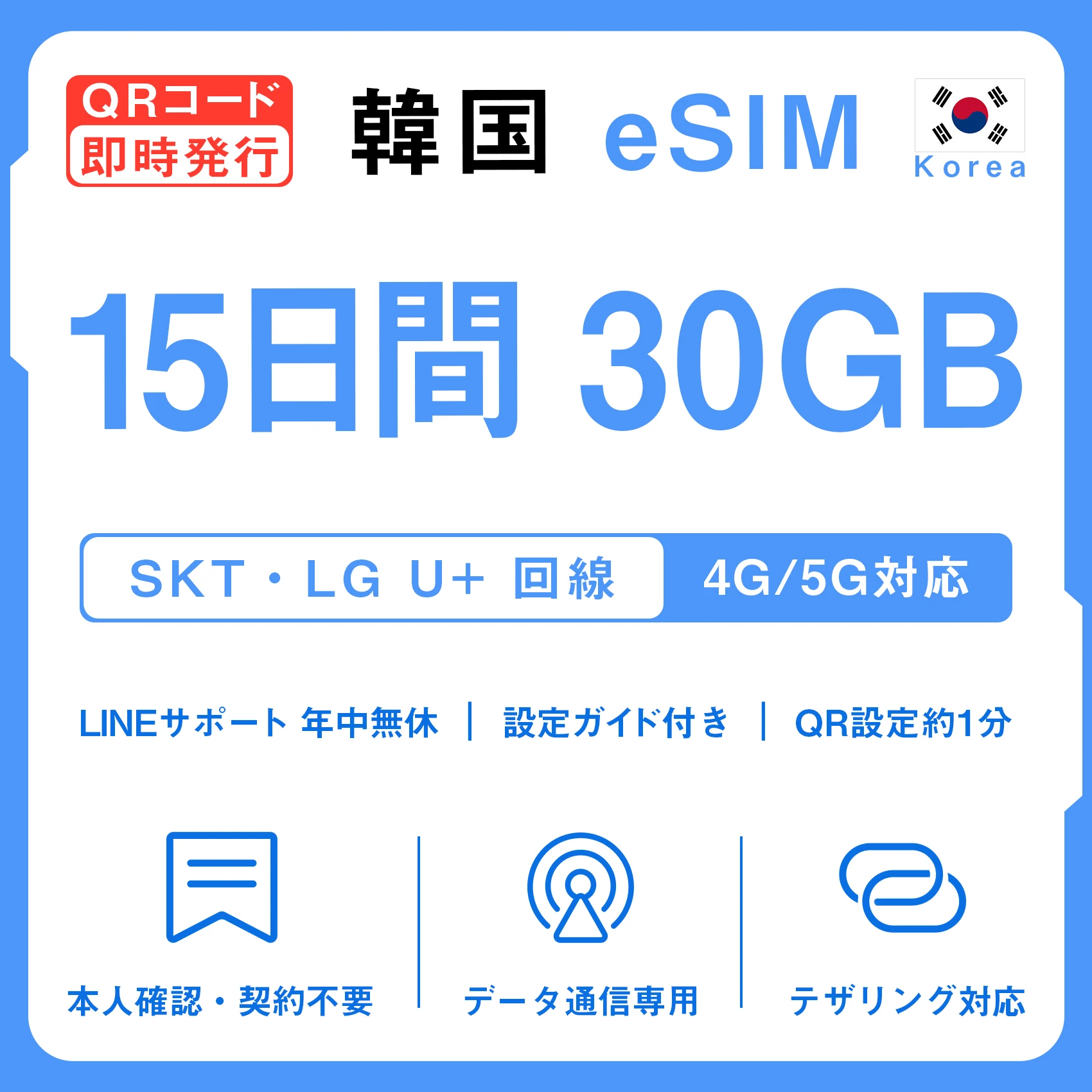 [韓国eSIM｜メール納品]韓国SIM｜お得！！ 30GB高速データ通信｜SKT・LG U⁺対応の4G・5G回線｜即日発行、QRコードで簡単設定｜テザリング対応｜旅行・出張・留学に最適LINE365日24時間サポート｜非物理SIM｜有効期限はご購入日より180日以内 15日