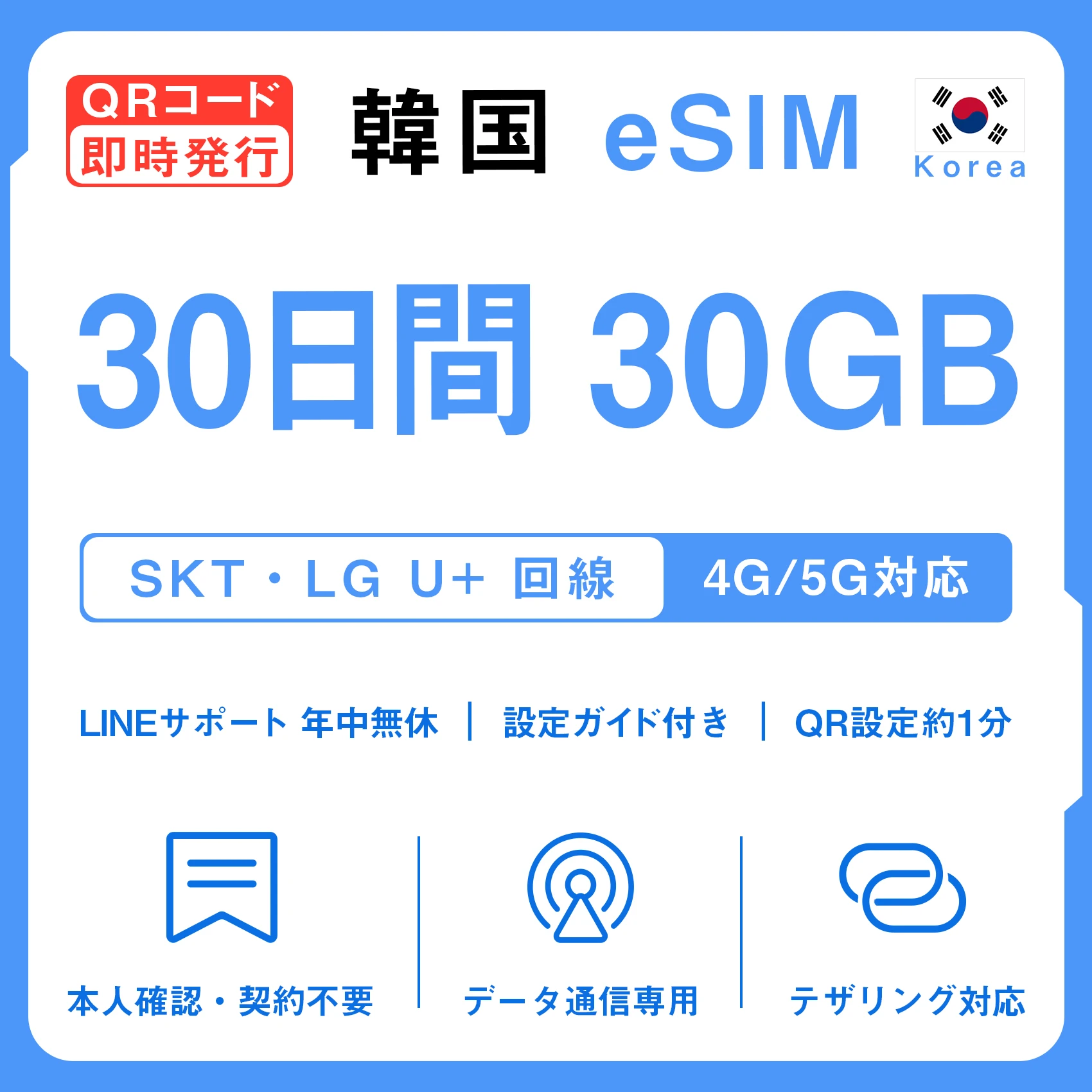 [韓国eSIM｜メール納品]韓国SIM｜お得！！ 30GB高速データ通信｜SKT・LG U⁺対応の4G・5G回線｜即日発行、QRコードで簡単設定｜テザリング対応｜旅行・出張・留学に最適LINE365日24時間サポート｜非物理SIM｜有効期限はご購入日より180日以内 30日