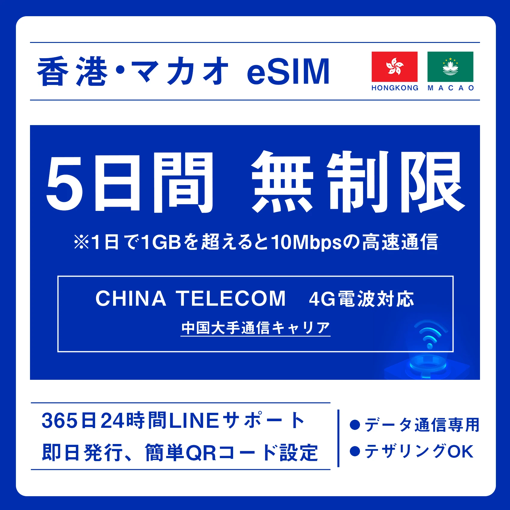 [香港eSIM、マカオeSIM｜メール納品]香港SIM、マカオSIM  無制限超高速データ通信｜China Telecom対応の4G回線｜即日発行、QR簡単設定｜デザリング可｜旅行・出張・留学に最適｜LINE365日24時間サポート｜非物理SIM 無制限 5日
