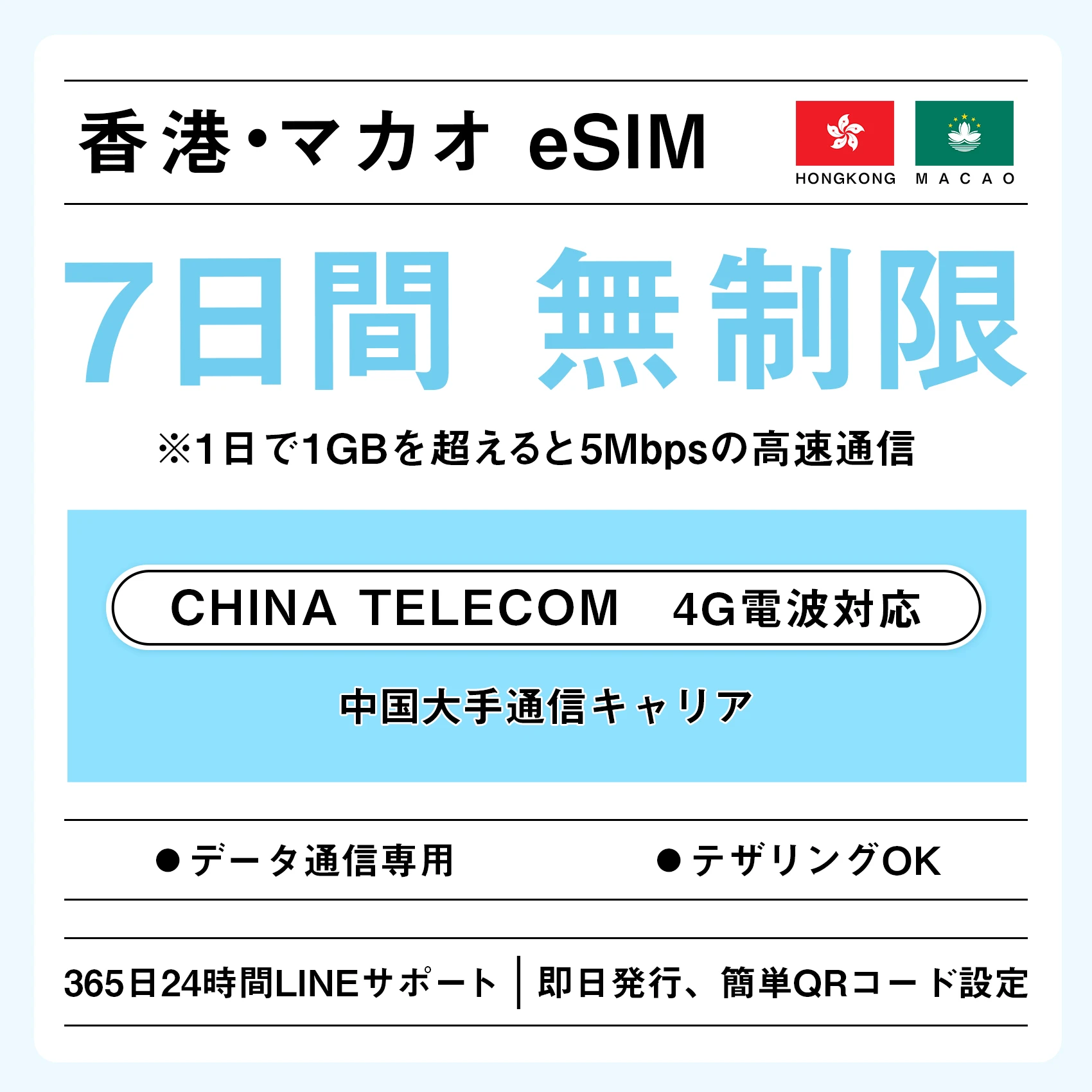 [香港eSIM、マカオeSIM｜メール納品]香港SIM、マカオSIM   無制限高速データ通信｜China Telecom対応の4G回線｜即日発行、QR簡単設定｜デザリング可｜旅行・出張・留学に最適｜LINE365日24時間サポート｜非物理SIM 無制限 7日