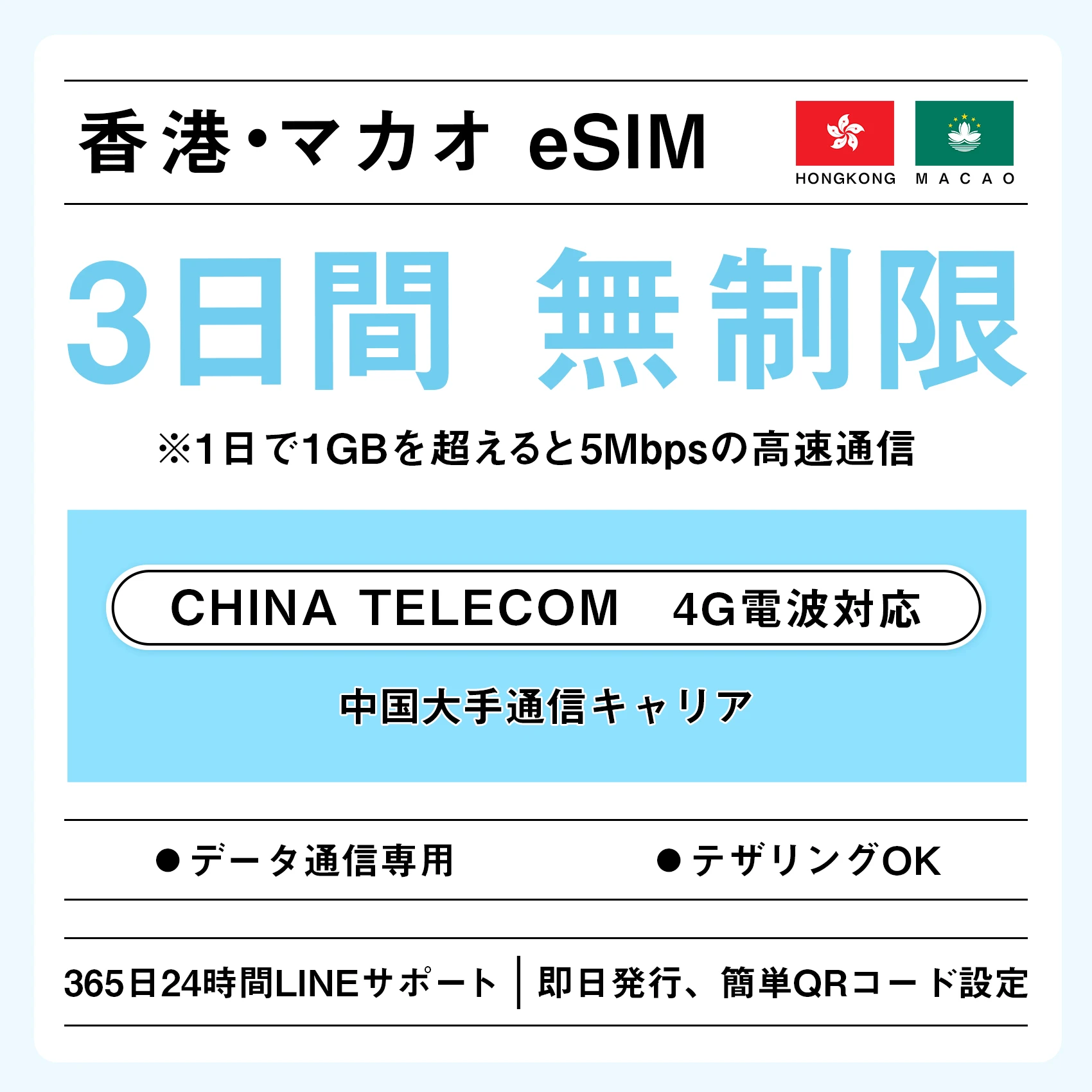 [香港eSIM、マカオeSIM｜メール納品]香港SIM、マカオSIM   無制限高速データ通信｜China Telecom対応の4G回線｜即日発行、QR簡単設定｜デザリング可｜旅行・出張・留学に最適｜LINE365日24時間サポート｜非物理SIM 無制限 3日