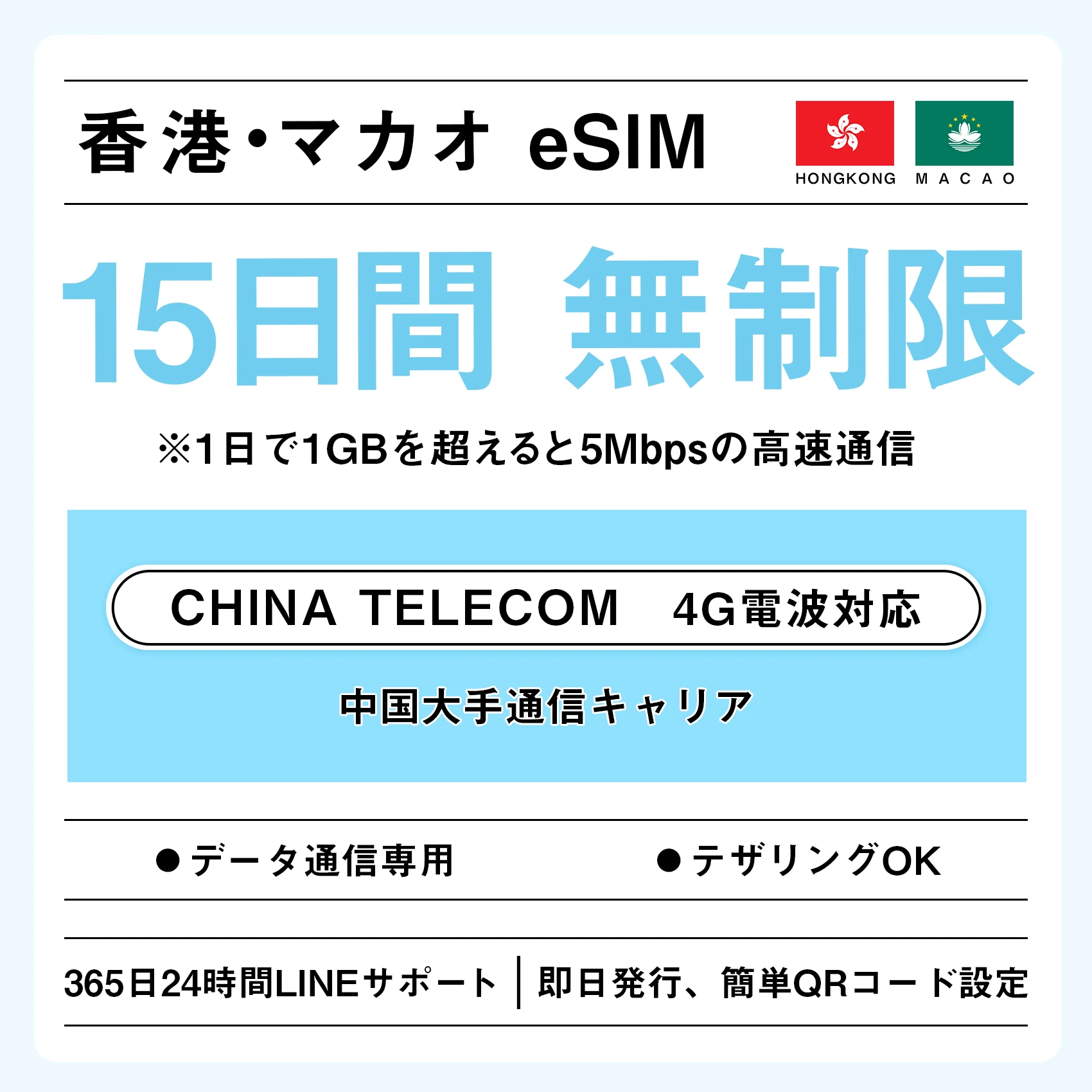 [香港eSIM、マカオeSIM｜メール納品]香港SIM、マカオSIM   無制限高速データ通信｜China Telecom対応の4G回線｜即日発行、QR簡単設定｜デザリング可｜旅行・出張・留学に最適｜LINE365日24時間サポート｜非物理SIM 無制限 15日