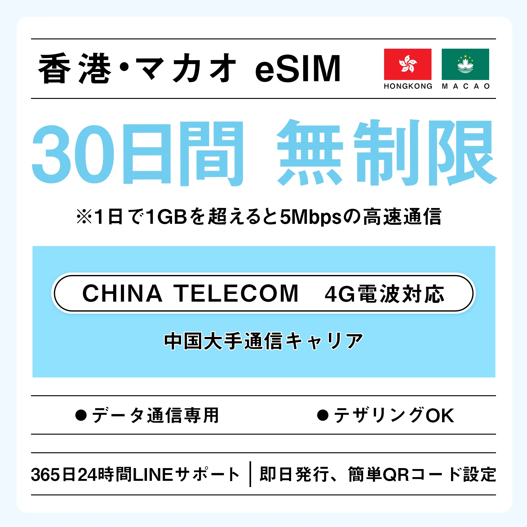 [香港eSIM、マカオeSIM｜メール納品]香港SIM、マカオSIM   無制限高速データ通信｜China Telecom対応の4G回線｜即日発行、QR簡単設定｜デザリング可｜旅行・出張・留学に最適｜LINE365日24時間サポート｜非物理SIM 無制限 30日