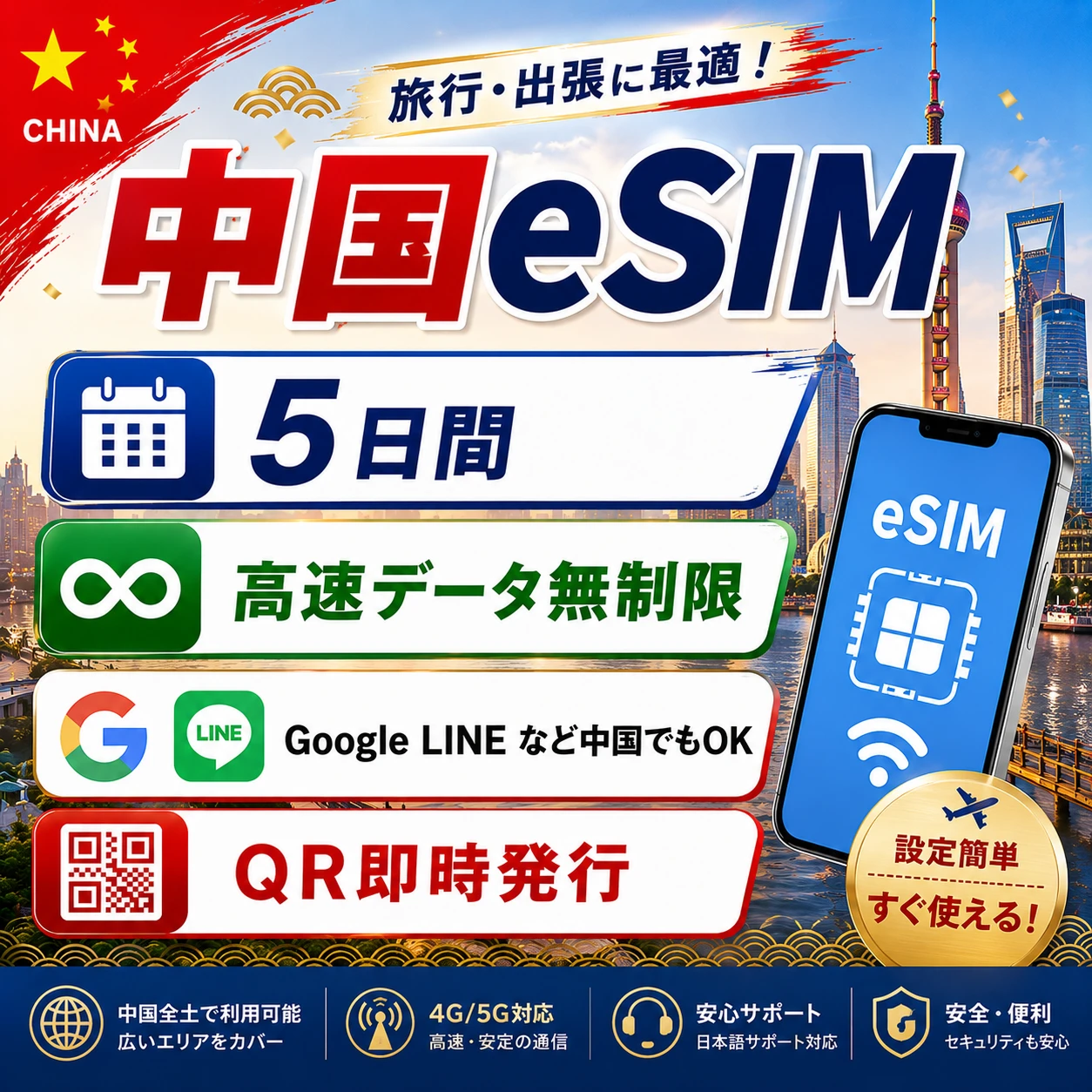 中国eSIM|中国SIM･eSIM対応|海外旅行･出張･留学|プリペイドSIM|いーしむ|SIMカード(5日間高速無制限 5Mbps)