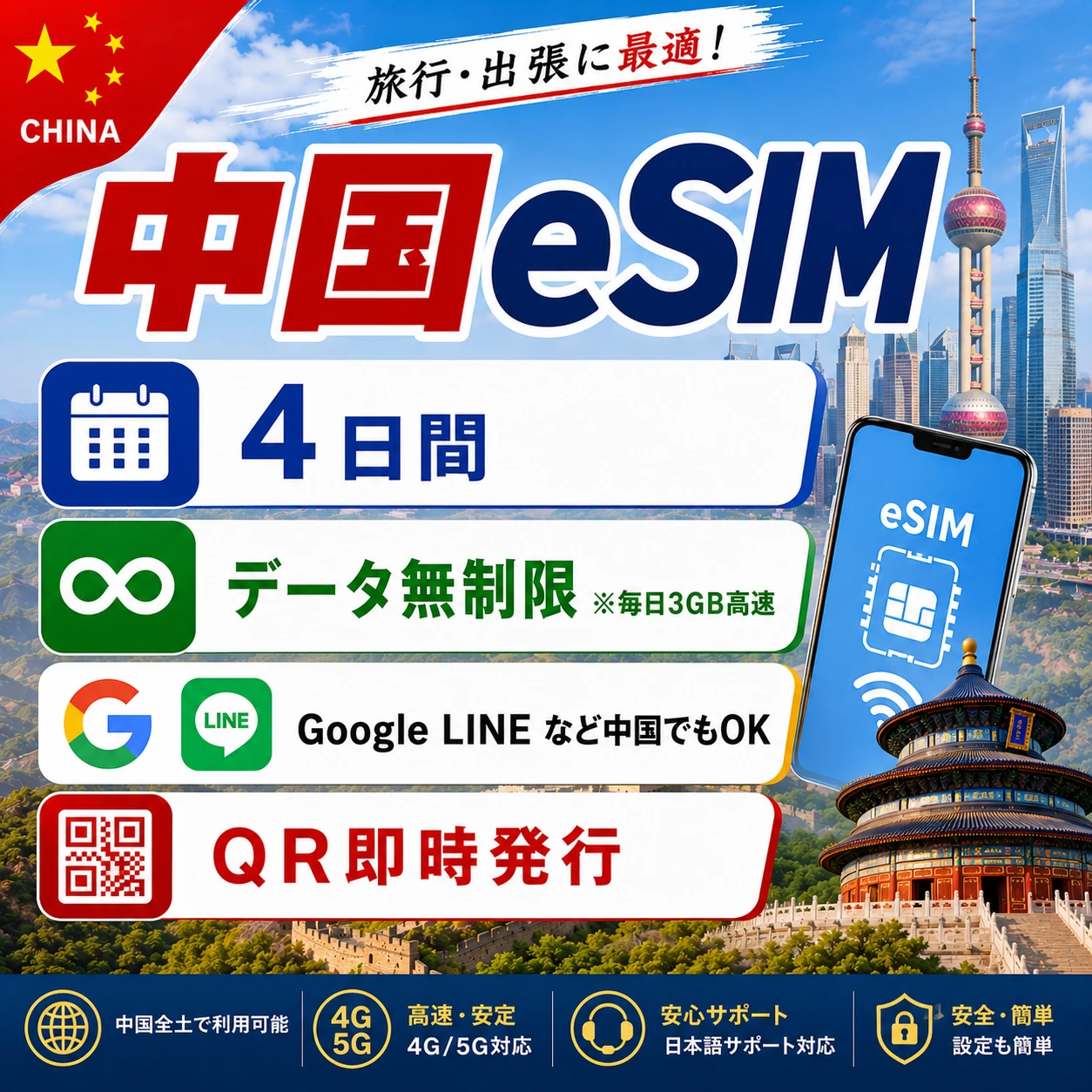 中国eSIM|中国SIM･eSIM対応|海外旅行･出張･留学|プリペイドSIM|いーしむ|SIMカード(4日間 毎日3GBまで高速)