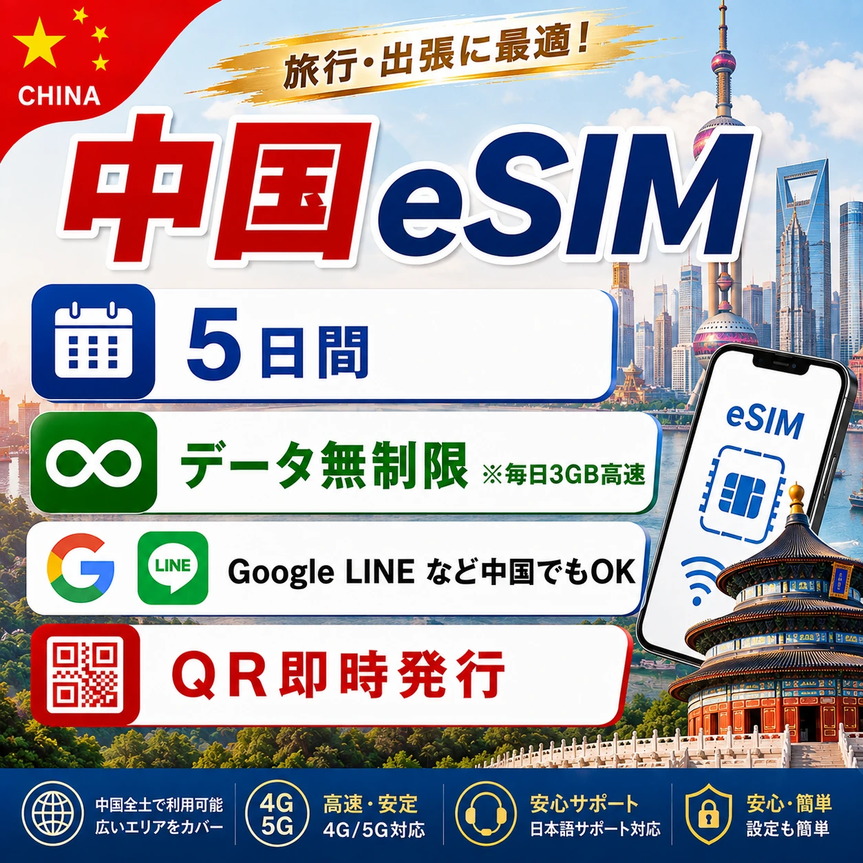 中国eSIM|中国SIM･eSIM対応|海外旅行･出張･留学|プリペイドSIM|いーしむ|SIMカード(5日間 毎日3GBまで高速)