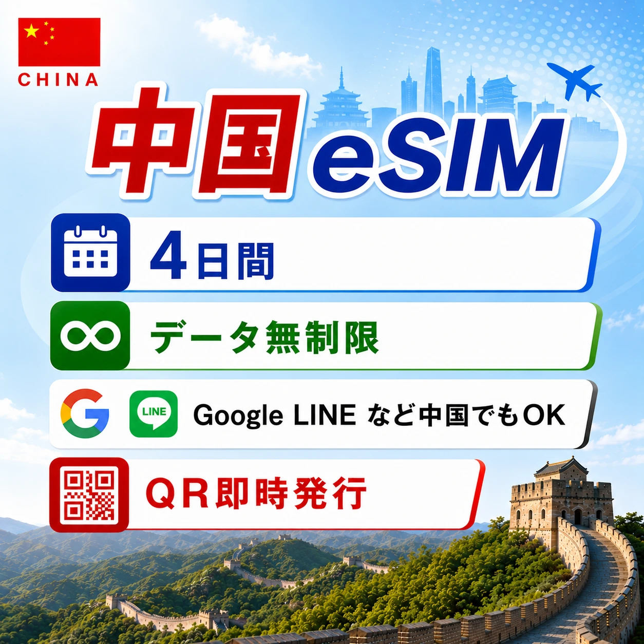 中国eSIM|中国SIM･eSIM対応|海外旅行･出張･留学|プリペイドSIM|いーしむ|SIMカード(4日間 毎日2GBまで高速)
