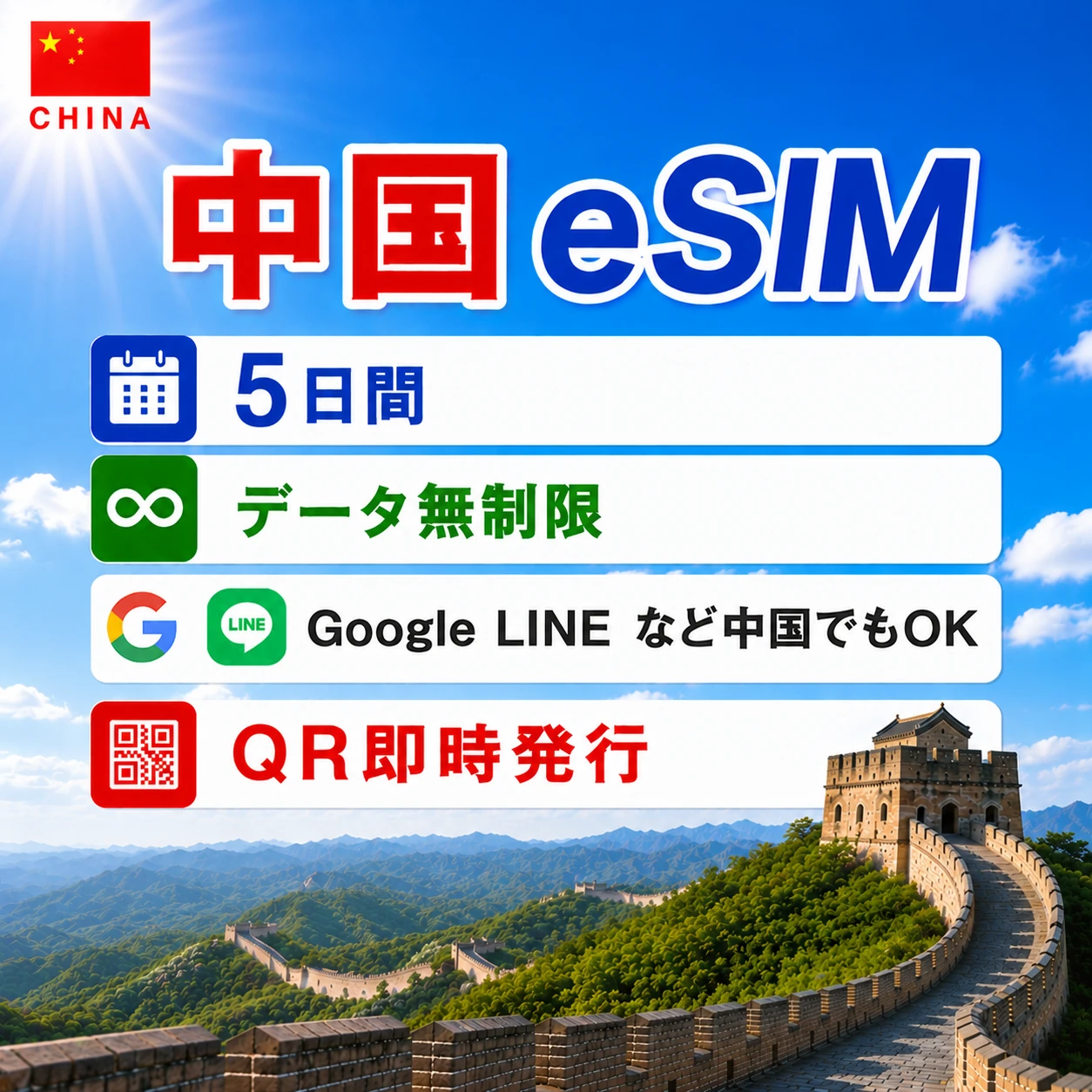 中国eSIM|中国SIM･eSIM対応|海外旅行･出張･留学|プリペイドSIM|いーしむ|SIMカード(5日間 毎日1GBまで高速)