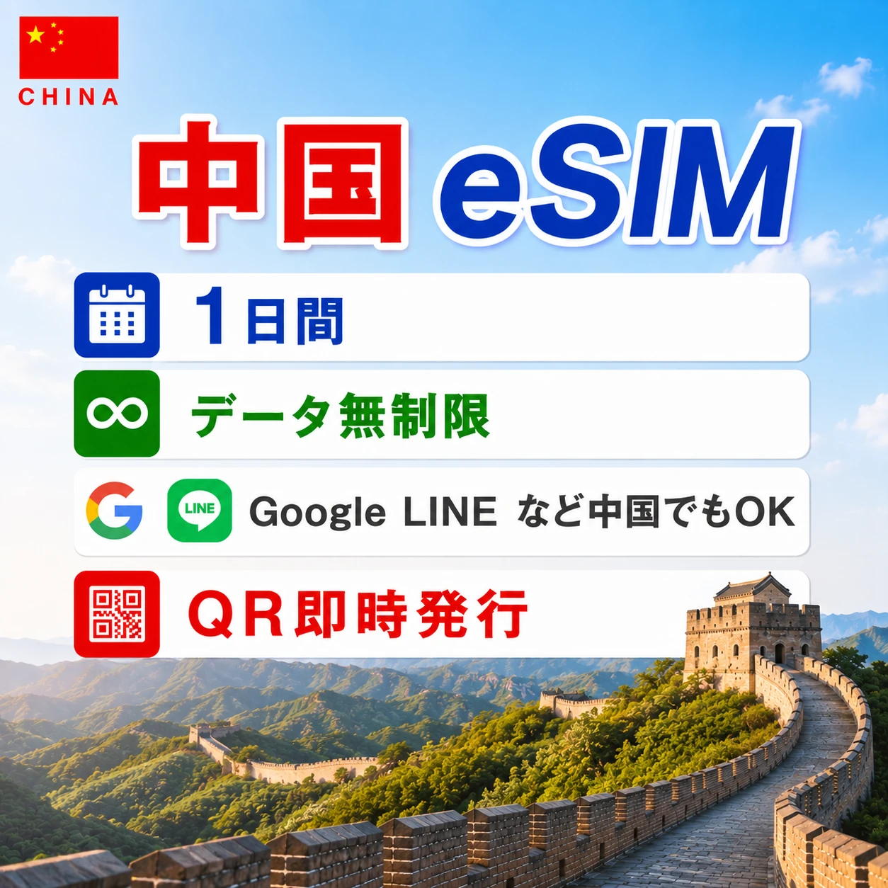 中国eSIM|中国SIM･eSIM対応|海外旅行･出張･留学|プリペイドSIM|いーしむ|SIMカード(1日間 1GBまで高速)