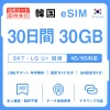 [韓国eSIM｜メール納品]韓国SIM｜お得！！ 30GB高速データ通信｜SKT・LG U⁺対応の4G・5G回線｜即日発行、QRコードで簡単設定｜テザリング対応｜旅行・出張・留学に最適LINE365日24時間サポート｜非物理SIM｜有効期限はご購入日より180日以内 30日